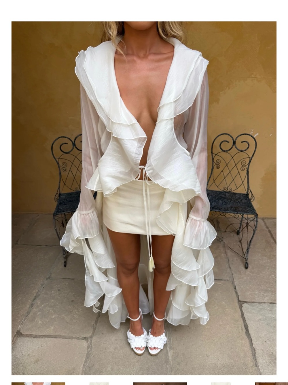 Rogue Season Gaia Robe Ivory Ruffle-Trim Sheer Robe with Tie Front